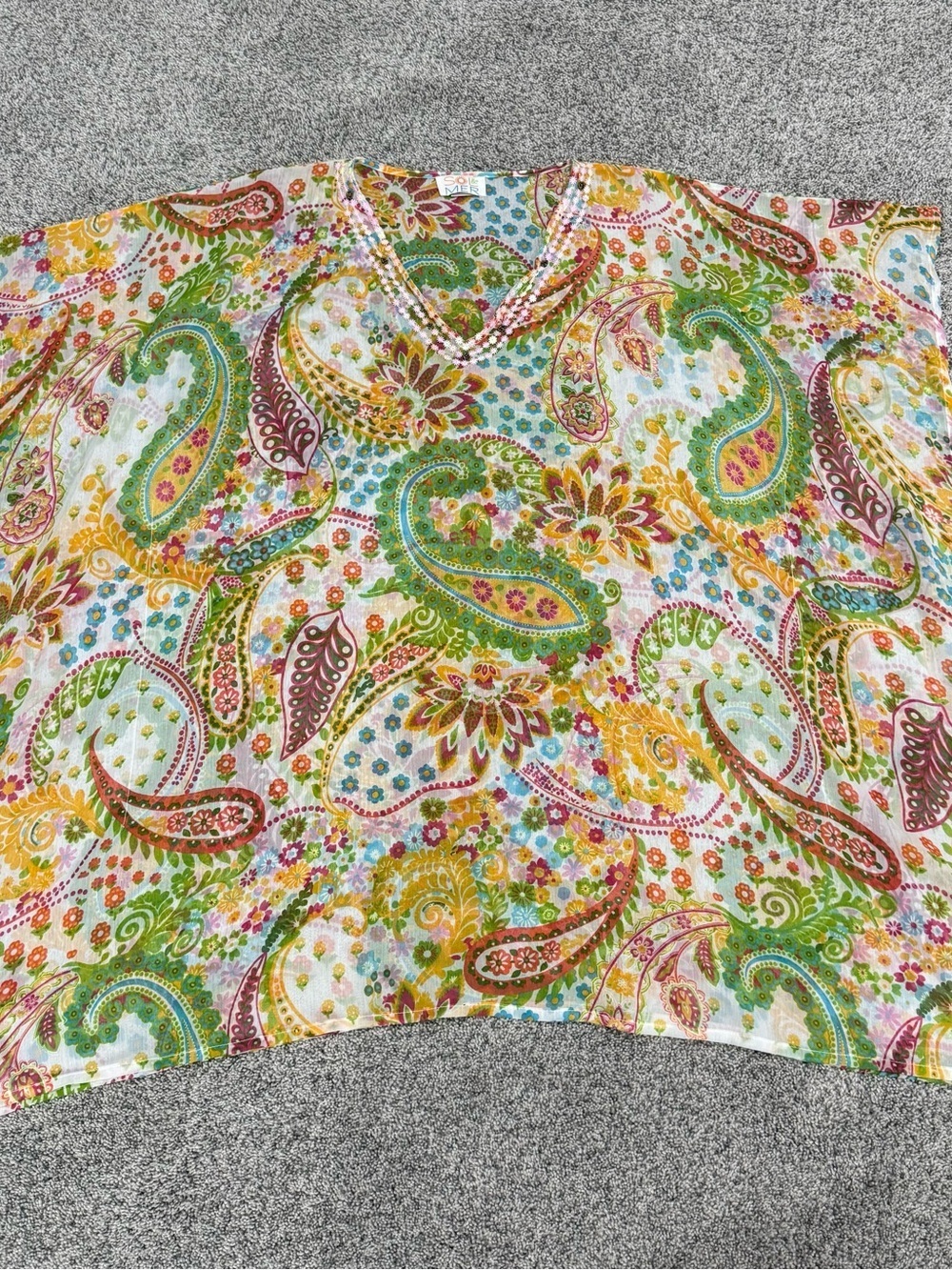 Sol & Mer Paisley Sheer Kaftan Top Swim Beach Coverup Sequins V-Neck Onesize